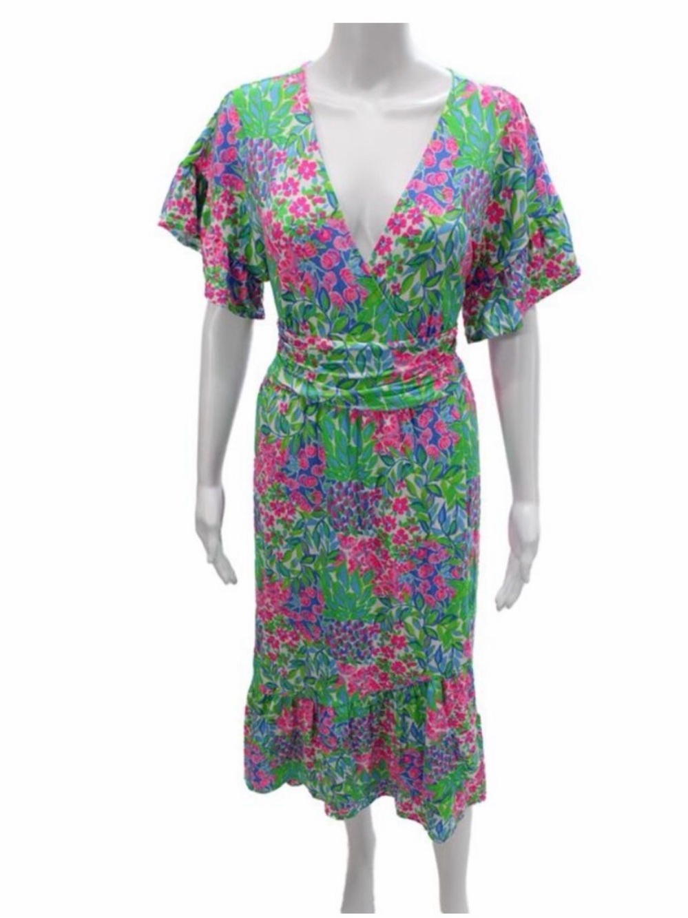 Lilly Pulitzer Womens Floral V-Neck Short Sleeve Wrap Dress Multicolor Size L